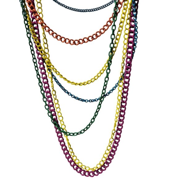 Retro Multicolor Layered Chain Link Necklace 80s 90s Punk Fashion Jewelry Women - Picture 1 of 4